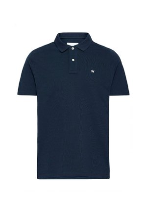 Navy blue polo shirt made of cotton, featuring a collared neck, two button closure, short sleeves, and a small embroidered logo on the chest.