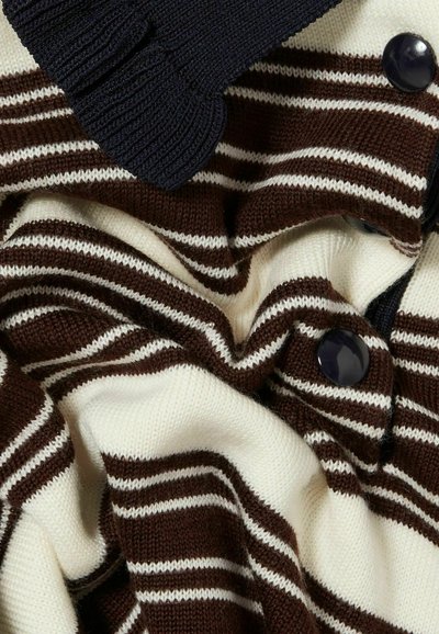 Maglione a righe con colori alternati marrone e crema, con dettagli a costine blu navy e bottoni neri. Texture morbida e design a strati.