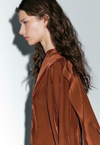 Brun satin bluse med lange, plisserede ærmer og høj halsudskæring. Stoffet har en glat, glansfuld tekstur. Skygge kastet på en lys baggrund.