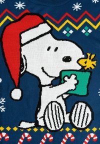 Blue festive sweater featuring a cartoon dog in a red Santa hat, holding a green gift, surrounded by candy canes and geometric patterns.