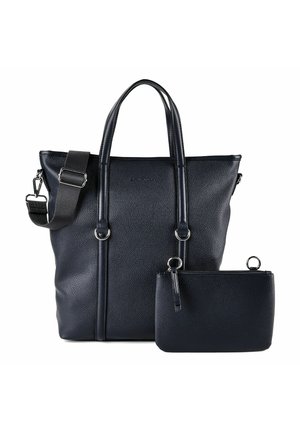 Borsa tote in pelle nera con trama, dotata di doppi manici, tracolla regolabile e pochette abbinata removibile con cerniera e anelli di attacco.
