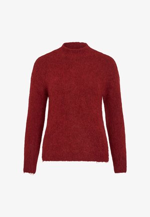Pull rouge à manches longues en tricot, fabriqué à partir d'un matériau flou et texturé ; il présente un col rond et un ourlet légèrement effiloché.