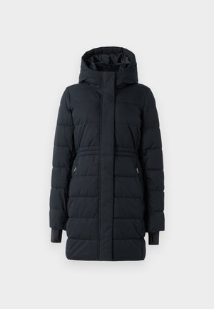 Abrigo de invierno negro acolchado con capucha, cierre frontal oculto, bolsillos laterales con cremallera y puños extendidos sobre un fondo liso.