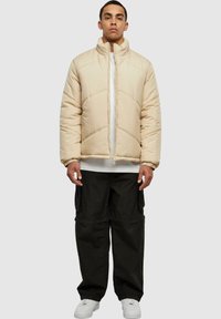 Beige dunjakke med høy krage, quiltet design, frontglidelås, brukt over en hvit skjorte. Kombinert med svarte cargo-bukser og hvite sneakers.