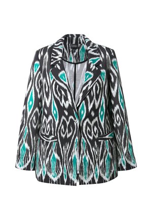 Černo-bílý vzorovaný blejzr s tyrkysovými akcenty. Má klopový límec, dvě přední kapsy a strukturovaný design.