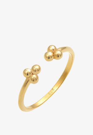 Goldring mit einem schlanken Band und drei runden, polierten Kugeln an einem Ende. Mit "925" gekennzeichnet, was auf einen Sterlingsilbergehalt hinweist.