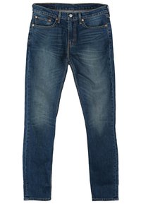 Dark blue denim jeans with a straight-leg cut, featuring faded accents, five pockets, and metal hardware details.