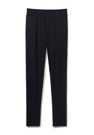 Svarta leggings i slät, elastisk tyg med bred midja och en tät passform, utan synliga mönster eller metalldelar.