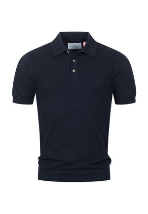 Navyblaues Poloshirt mit kurzen Ärmeln aus Baumwolle. Verfügt über einen klassischen Kragen, eine Drei-Knopf-Leiste und gerippte Bündchen.