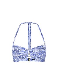 Blauw gepatternde bikinitop met een halternek en achterstrikjes. Heeft een gedraaide voorkant en een metallic sluiting, gemaakt van soepel rekbaar materiaal.