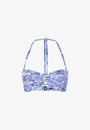 Blaue gemusterte Bikinioberteil mit Halterneck und Rückenschnüren. Verfügt über einen gedrehten Vorderteil und metallische Verschlusshaken, gefertigt aus glattem, elastischem Material.