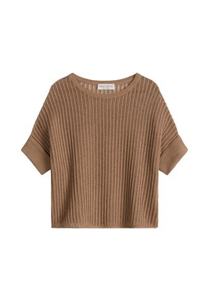 Brauner kurzärmeliger Strickpullover mit vertikalem Rippmuster und rundem Ausschnitt von Marc O'Polo.