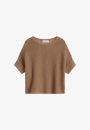 Brauner kurzärmeliger Strickpullover mit vertikalem Rippmuster und rundem Ausschnitt von Marc O'Polo.