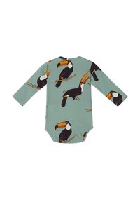 Body per bambini a maniche lunghe di colore verde menta, con un motivo di tucani in nero e arancio. Tessuto morbido, scollo rotondo, chiusura a scatto sul fondo.