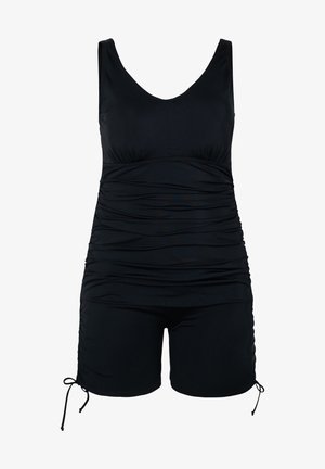 Must mustad mustreid v-kaelus, kogutud tekstuur ja reguleeritavad küljetõmbed lühikestel püksikutel, mis võimaldavad kohandatud sobivust. Valmistatud venivast kangast.