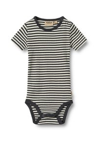 Randig kortärmad jumpsuit i svart och krämfärgad ribbad tyg, med tryckknappsstängning vid axeln och tryckknappar i botten.