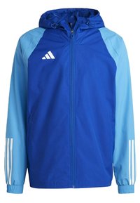 Windbreaker-Jacke mit einem blauen Oberteil und hellblauen Ärmeln, Reißverschluss vorne, Kapuze und drei weißen Streifen an jedem Ärmeln.