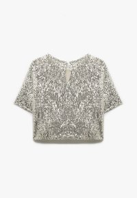 Kortarmige, cropped top bedekt met zilveren pailletten met een sleutelgatdetail aan de achterkant, met een textuurvolle, glanzende oppervlakte.