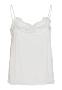 Top de tirantes blanco hecho de una tela suave, con un delicado encaje en el escote y tirantes ajustables.