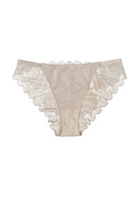 Koronkowe majtki w jasnym beżu z kwiatowym wzorem, falbankami na brzegach i gładką centralną częścią. Delikatny i półprzezroczysty design.