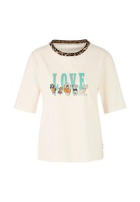 Short-sleeve cream cotton t-shirt with a leopard-print collar, featuring a colorful "LOVE" graphic and illustrations of various dogs.
