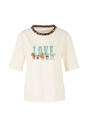 Kurzärmliges cremefarbenes Baumwoll-T-Shirt mit einem Leopardenmuster-Kragen, das ein buntes "LOVE"-Grafik und Illustrationen verschiedener Hunde zeigt.