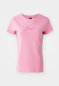 Pink cotton t-shirt with short sleeves, featuring a cursive embroidered "Boss" logo on the front. Simple crew neck design.