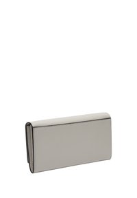 Portafoglio in pelle grigia con una forma rettangolare elegante, caratterizzato da una superficie liscia e cuciture nere lungo i bordi. Design minimalista.