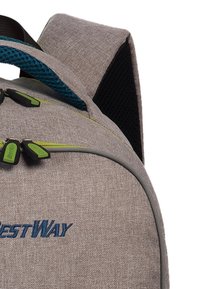 Sac à dos en tissu gris avec fermetures éclair vertes et turquoise, rembourrage en maille noire sur les bretelles, et logo "BestWay" en bleu. Conçu pour le confort et la durabilité.
