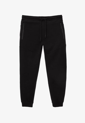 Fekete melegítőnadrág puha anyagból, elasztikus derékrésszel, húzózsinórral, oldalsó cipzáras zsebekkel és szögletes varrási részletekkel.