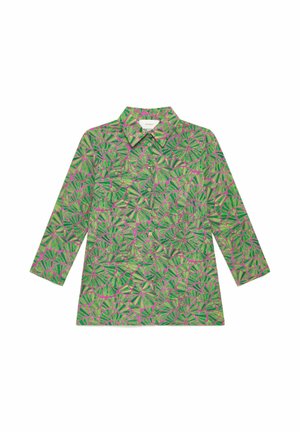 Long-sleeve button-up shirt with green, purple, and beige fan-shaped abstract floral pattern and pointed collar.