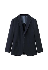 Sacou bleumarin din material texturat, cu două buzunare frontale, închidere cu un singur nasture și o căptușeală interioară netedă.