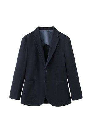 Marineblazer aus strukturiertem Stoff, mit zwei Fronttaschen, einem Knopfverschluss und einem glatten Innenfutter.