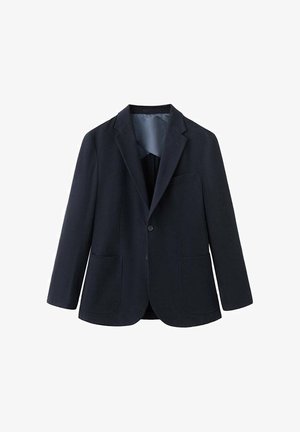 Marineblazer aus strukturiertem Stoff, mit zwei Fronttaschen, einem Knopfverschluss und einem glatten Innenfutter.
