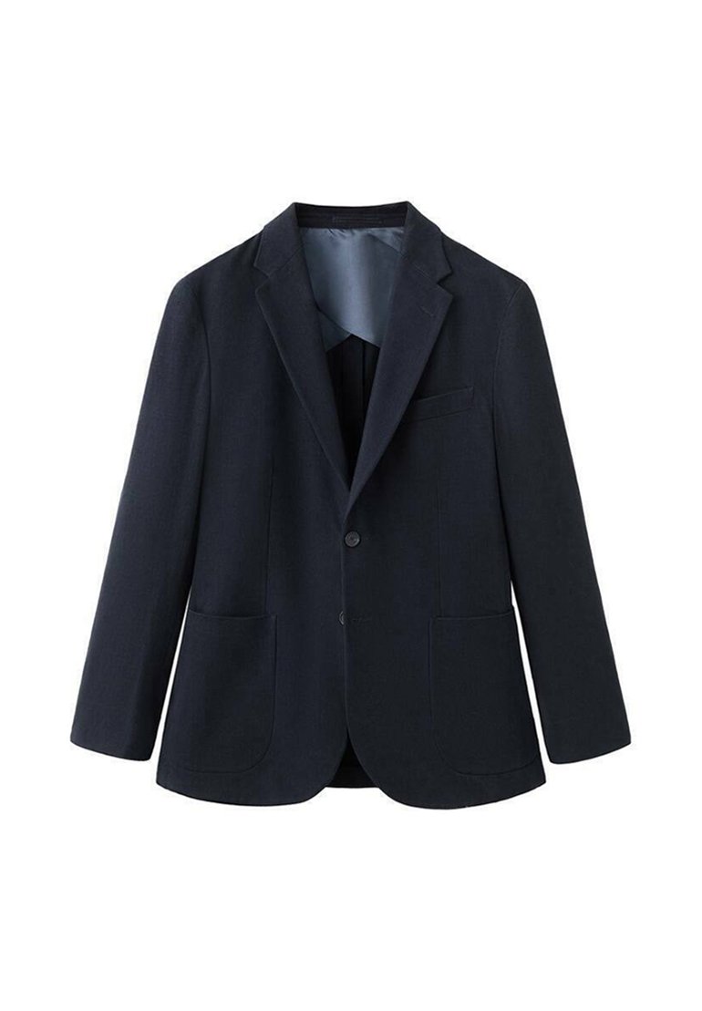 Marineblazer aus strukturiertem Stoff, mit zwei Fronttaschen, einem Knopfverschluss und einem glatten Innenfutter.
