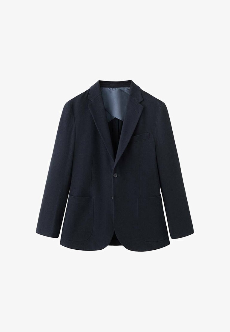 Marineblazer aus strukturiertem Stoff, mit zwei Fronttaschen, einem Knopfverschluss und einem glatten Innenfutter.