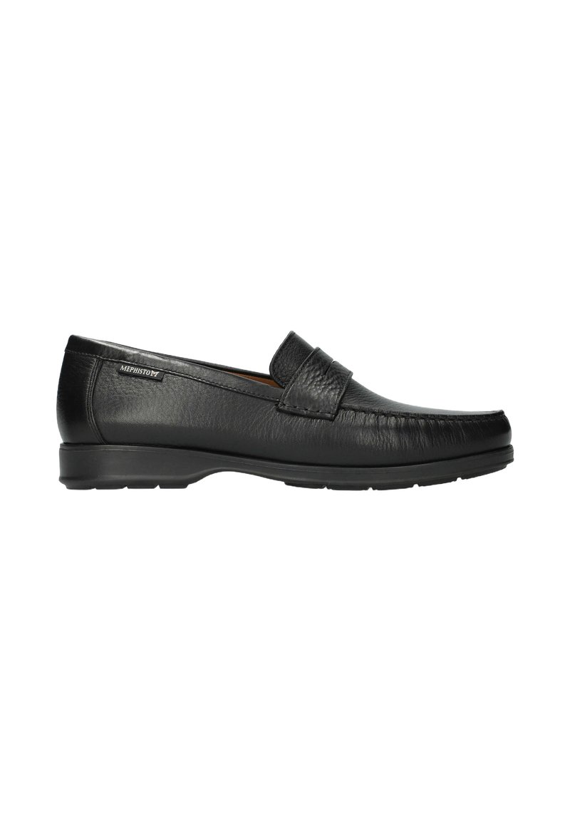 Schwarze Lederloafer mit glatter Textur, ausgestattet mit einer gestickten Zehenpartie und einem Riemen auf der Vorderseite. Die Sohle ist aus Gummi und bietet Flexibilität.