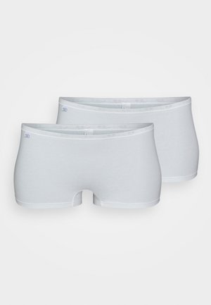 White cotton hipster underwear, featuring a smooth texture, elastic waistband, and a minimalistic design. Two pairs displayed.