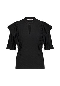 Blusa nera con maniche corte a rouches, scollatura a chiave e motivo a diamante testurizzato. Il materiale sembra leggero e traspirante.