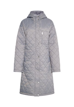 Steppelt szürke pufikabát kapuccsal, elülső cipzáras zsebbel, nyomógombos záródással és hosszú ujjakkal. Sima szintetikus anyag.