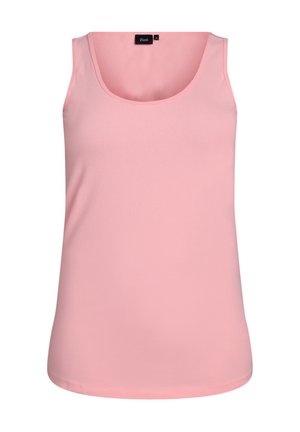 Hihaton vaaleanpunainen toppi, jossa on syvä pyöreä pääntie, sileä kangas ja Zizzin merkkilappu takakauluksessa.