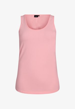 Sleeveless pink tank top with scoop neckline, smooth fabric, and a Zizzi brand label at the back collar.