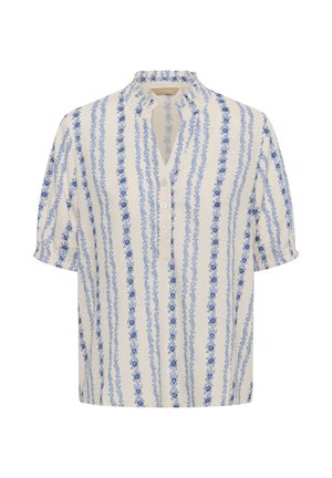 Korte mouwen offwhite blouse met verticale blauwe bloemenstrepen, een V-hals met knopen en een mao-kraag.