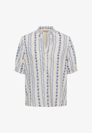 Korte mouwen offwhite blouse met verticale blauwe bloemenstrepen, een V-hals met knopen en een mao-kraag.