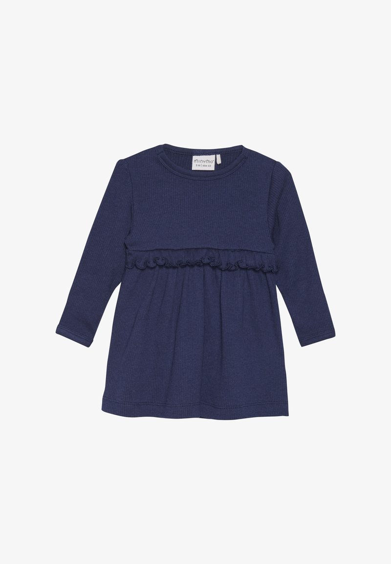 Robe bébé bleu marine à manches longues avec détail volants sous la poitrine, texture côtelée, et col rond, taille 3 mois.