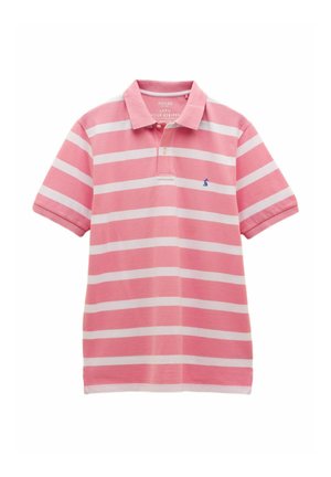 Koszulka polo w poziome różowe i białe paski, z krótkimi rękawami i niebieskim logo na piersi. Wykonana z bawełnianego materiału.