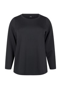 Svart långärmad T-shirt i mjukt tyg, med rund halsringning och avslappnad passform. Enkelt och odekorerat design.