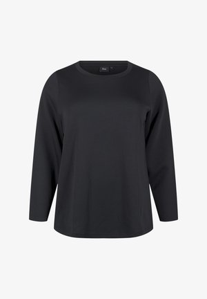 Schwarzes Langarm-T-Shirt aus weichem Stoff, mit Rundhalsausschnitt und entspannter Passform. Einfaches und unempfindliches Design.