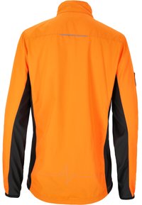 Veste orange avec des panneaux latéraux noirs, col haut et bande réfléchissante. Le dos présente un graphisme de ligne de battement de cœur au niveau de l'ourlet.