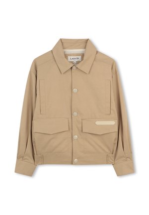 Veste beige boutonnée avec col pointu, deux poches à rabat, poches zippées latérales et bracelets de poignet réglables, taille 8, étalée à plat sur fond blanc.